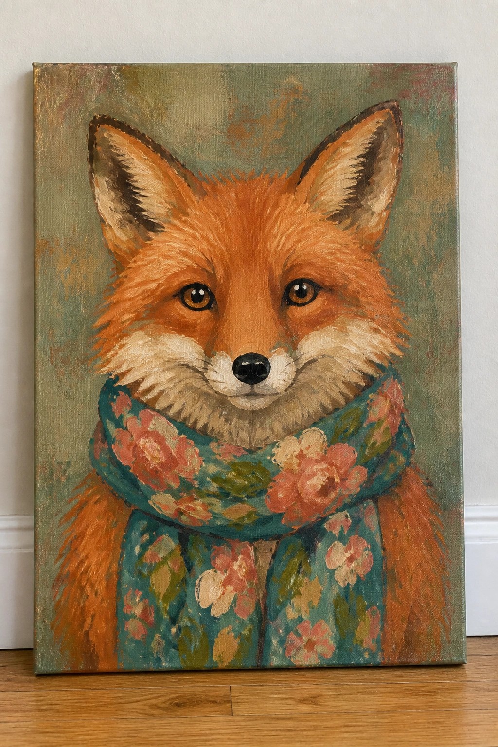 Orange fox with large ears wearing a teal floral scarf on green canvas.