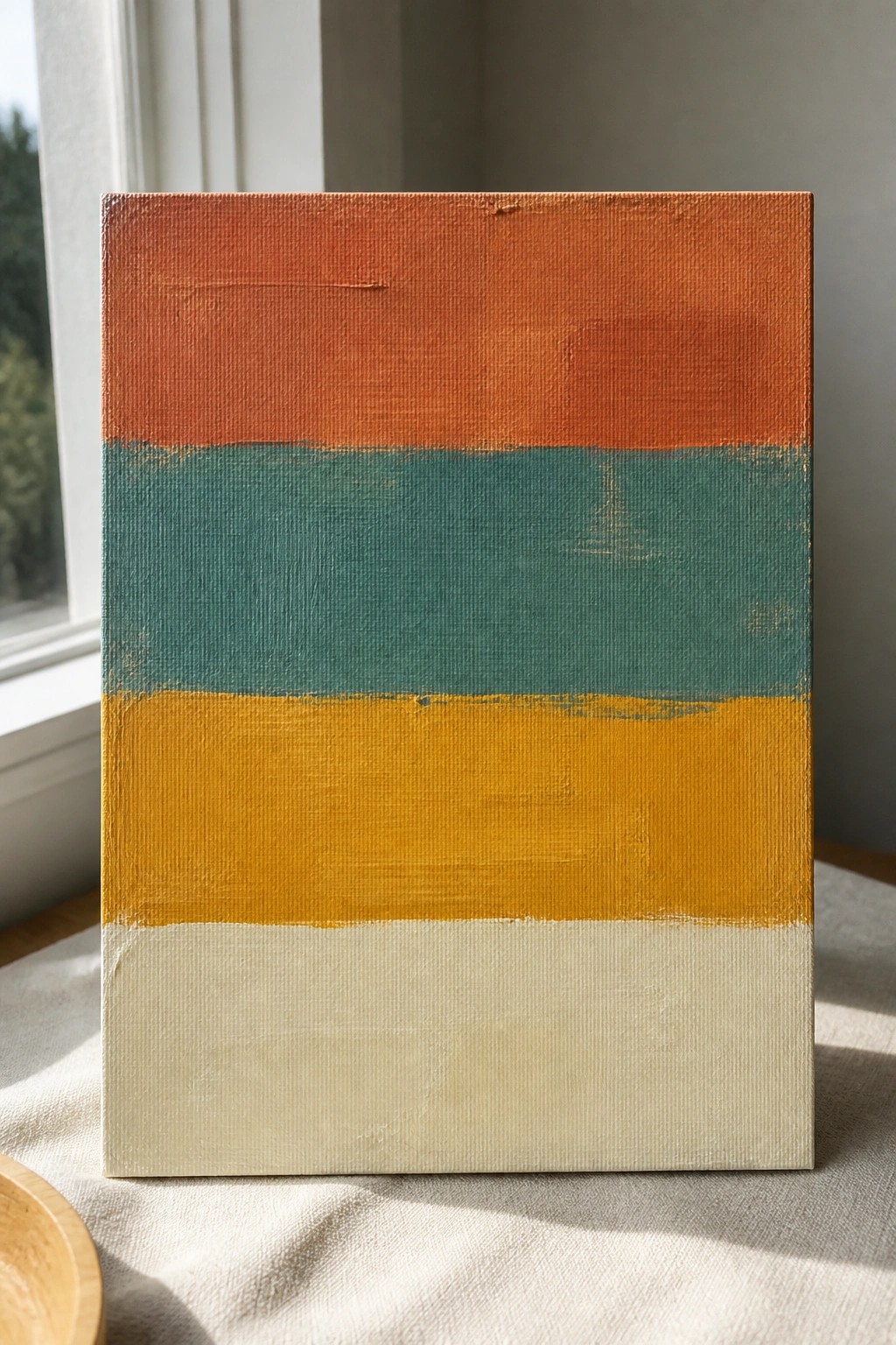 Abstract painting with horizontal bands of orange, teal, yellow, and cream on canvas.