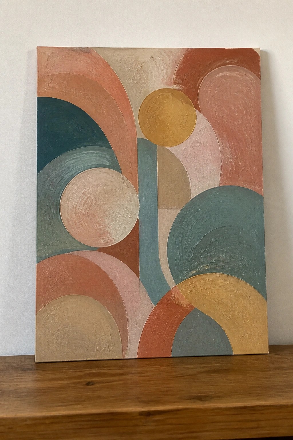 Abstract painting with overlapping circles and curves in peach, teal, rust, and gold.