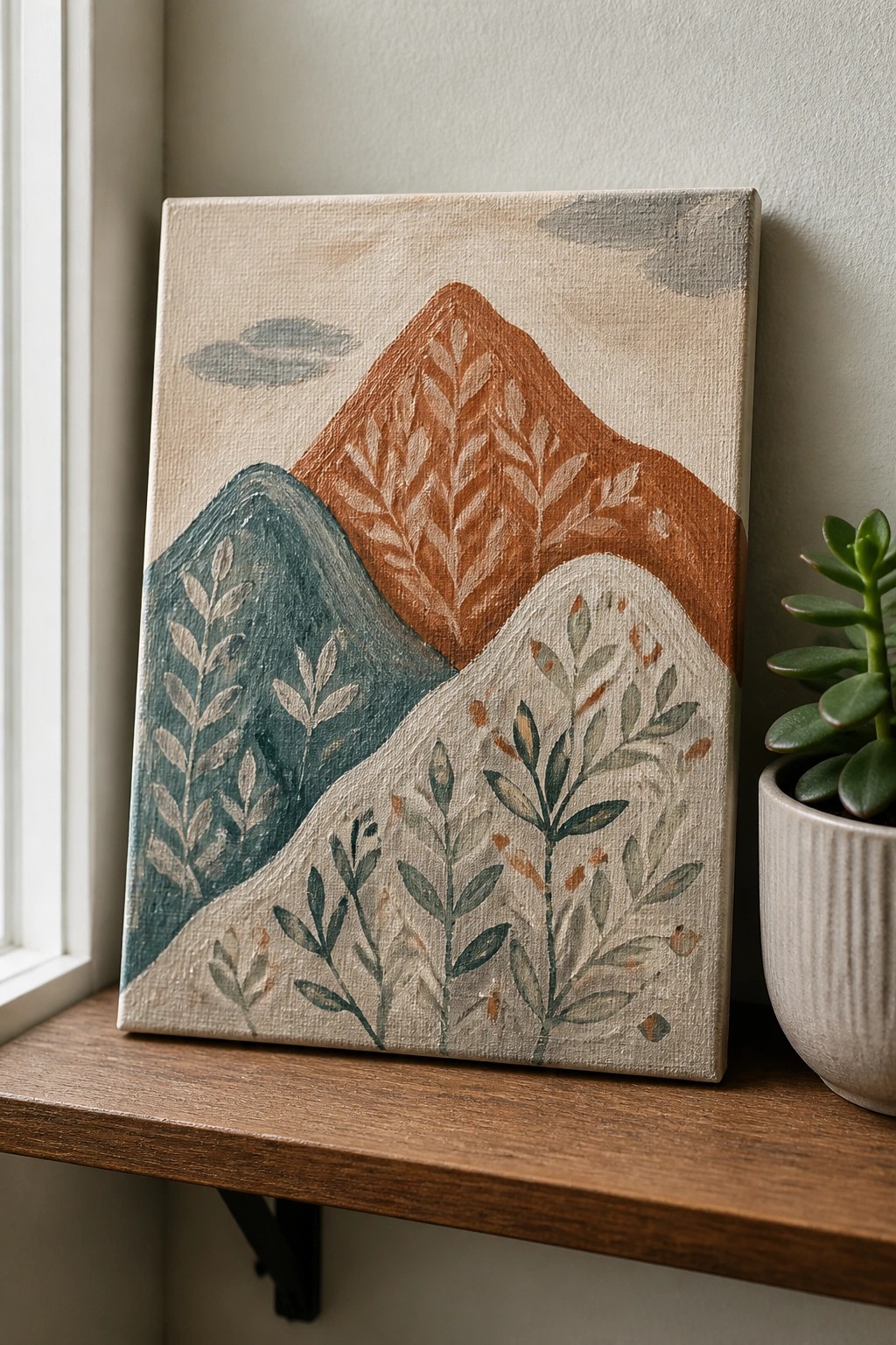 Abstract mountain painting with teal, rust, and beige foliage on wooden shelf beside plant