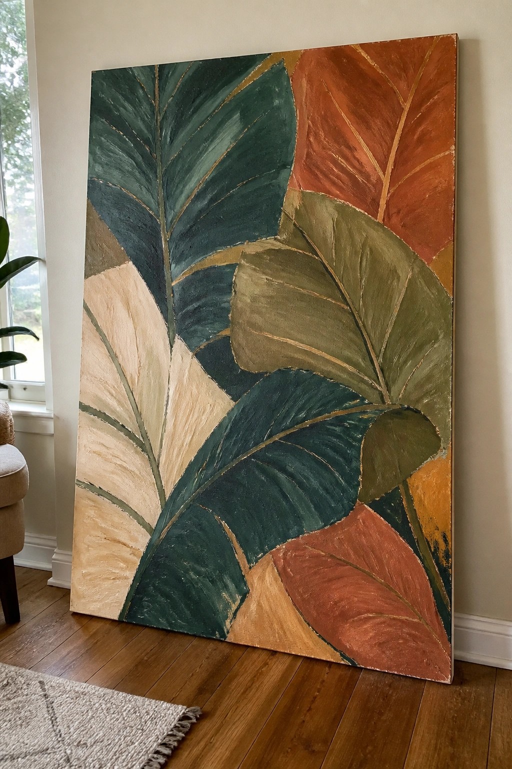 Large abstract painting of colorful tropical leaves leaning against a wall.