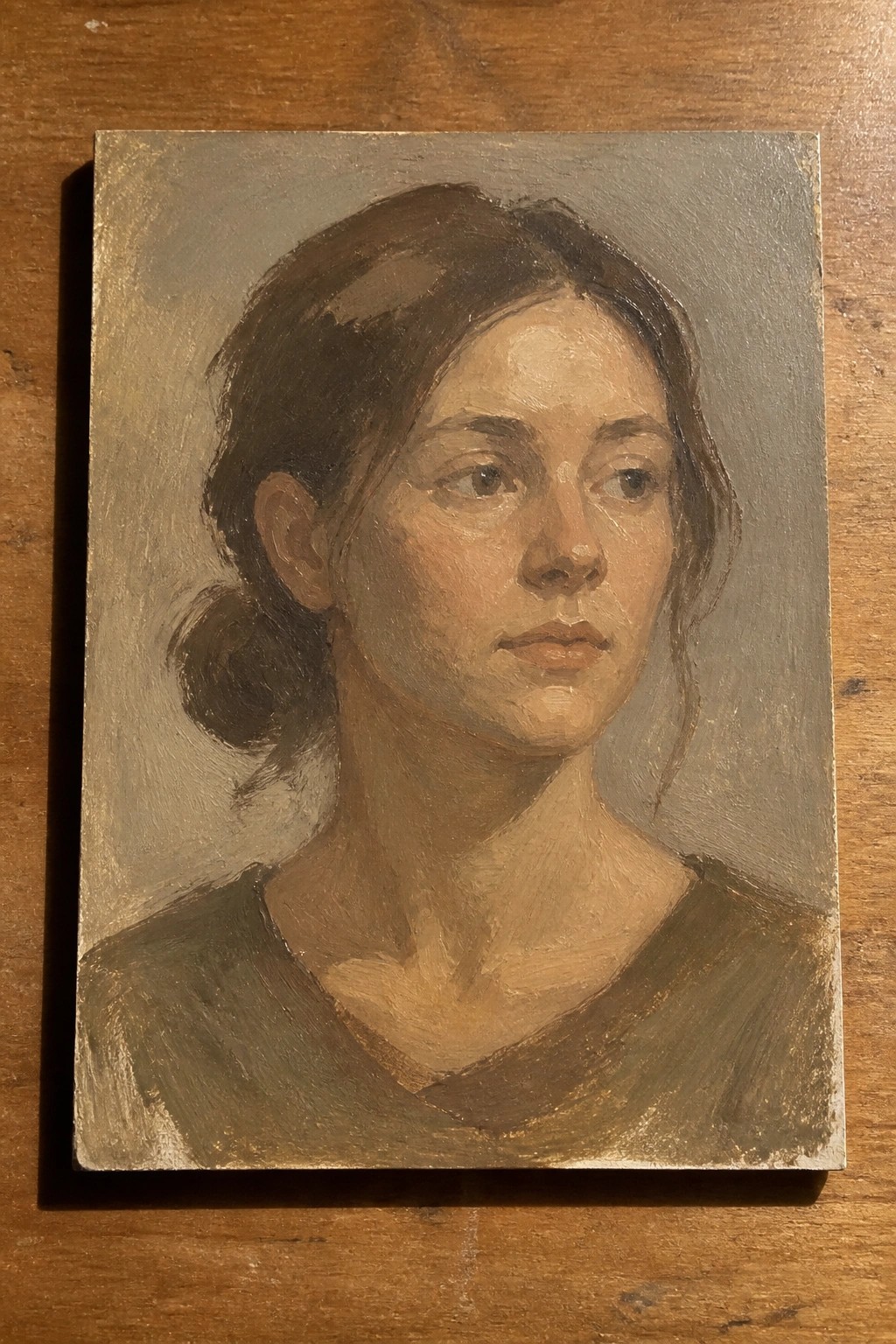 Portrait of a young woman with brown hair in a dark top against gray.