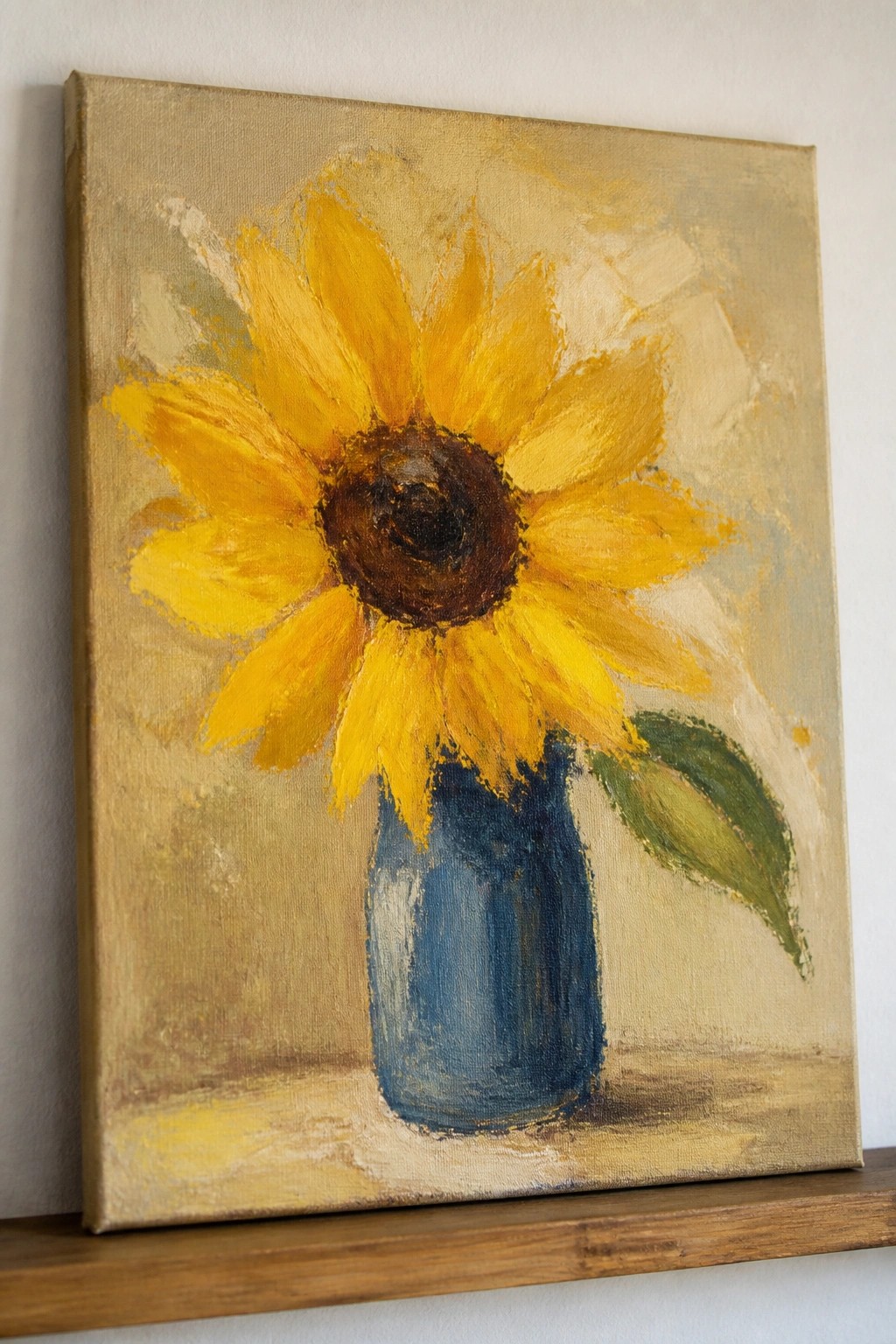 Yellow sunflower in blue vase on wooden shelf, painted with visible brushstrokes