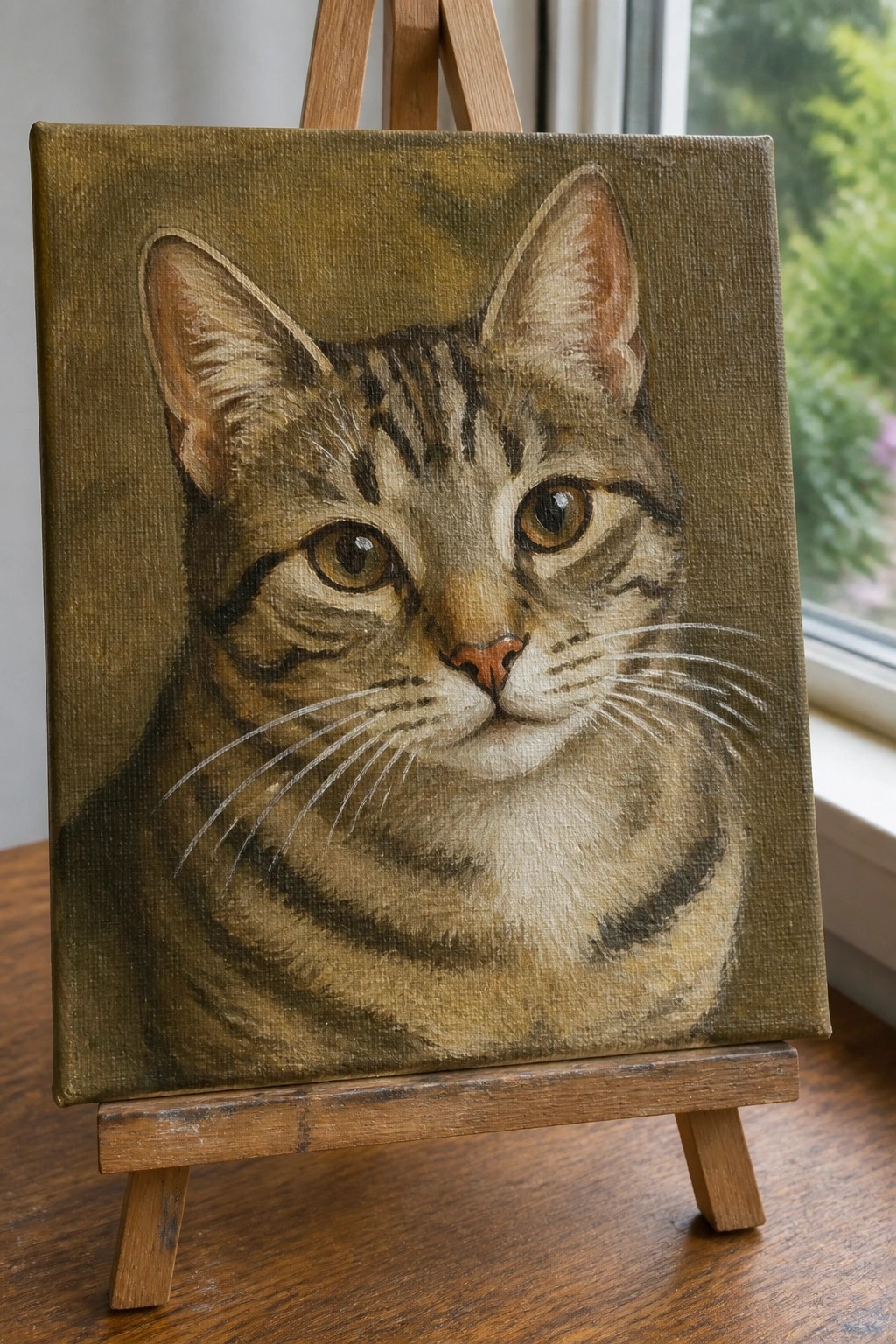 Realistic painting of a brown tabby cat on a small wooden easel