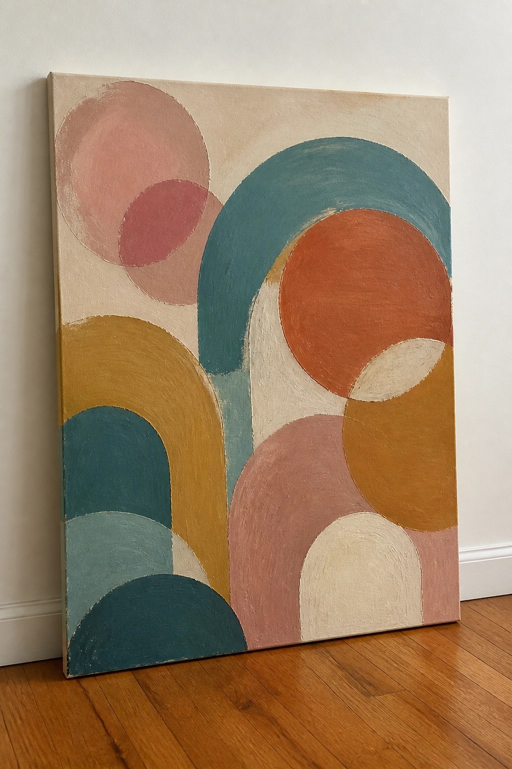Abstract painting with overlapping pink, teal, orange, and yellow circles against wall