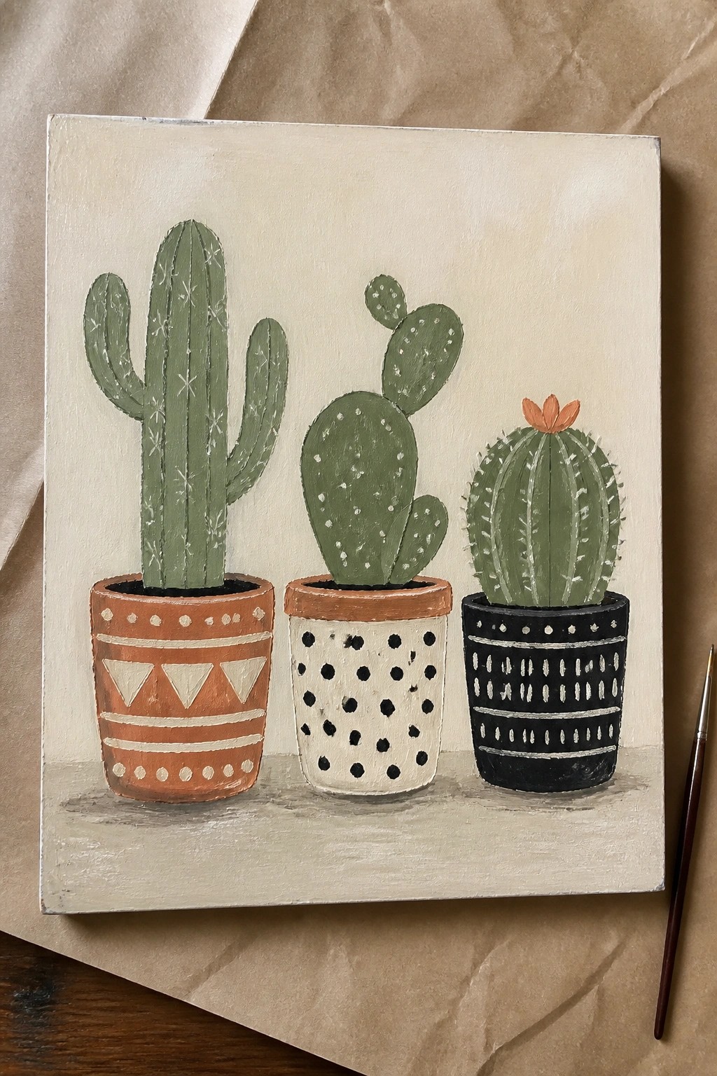 Three painted cacti in patterned pots on a canvas beside a brush