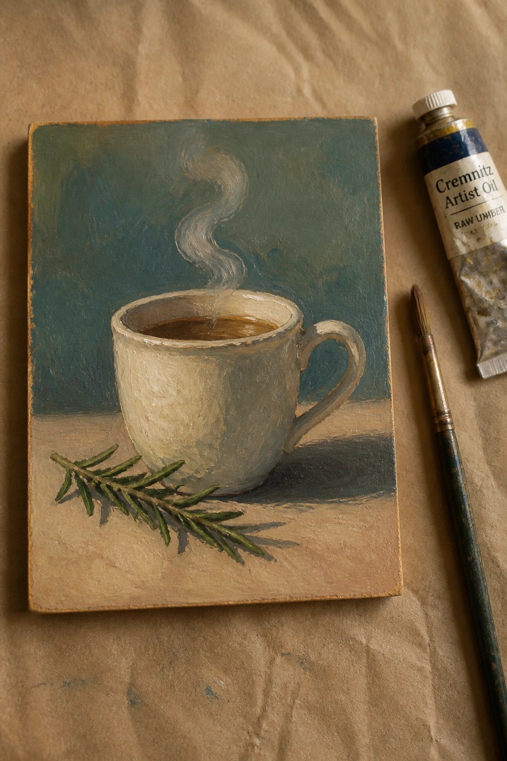 Oil painting of steaming cup with green sprig, paint tube, and brush on paper.