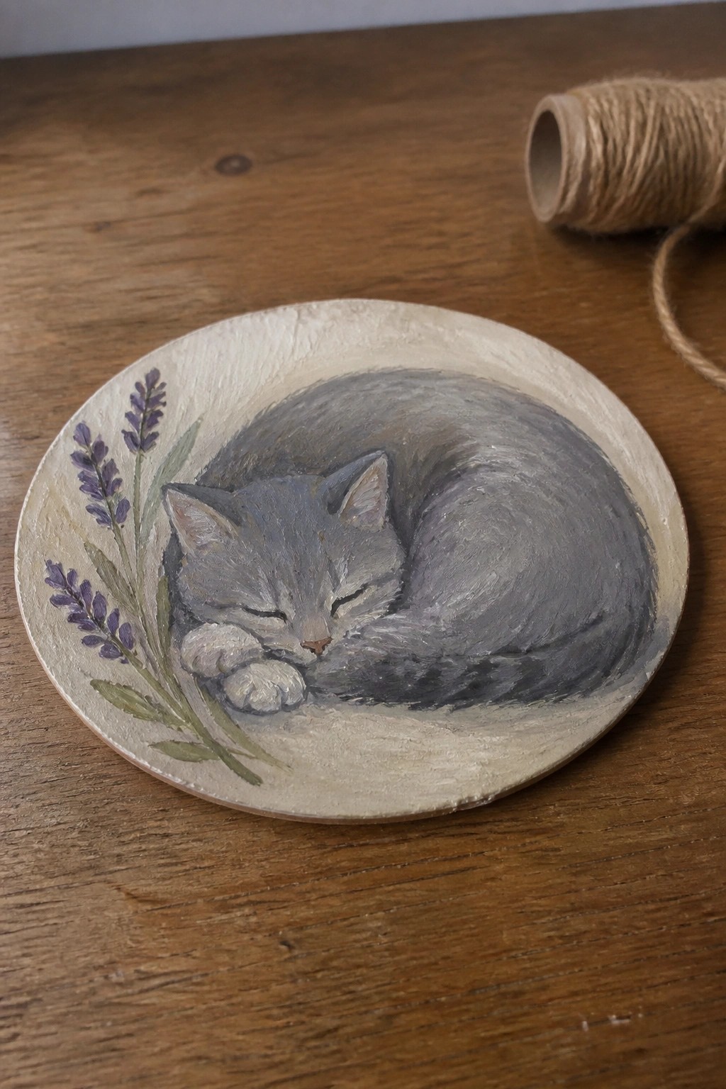 Painted wooden plate with sleeping gray cat curled beside lavender on table