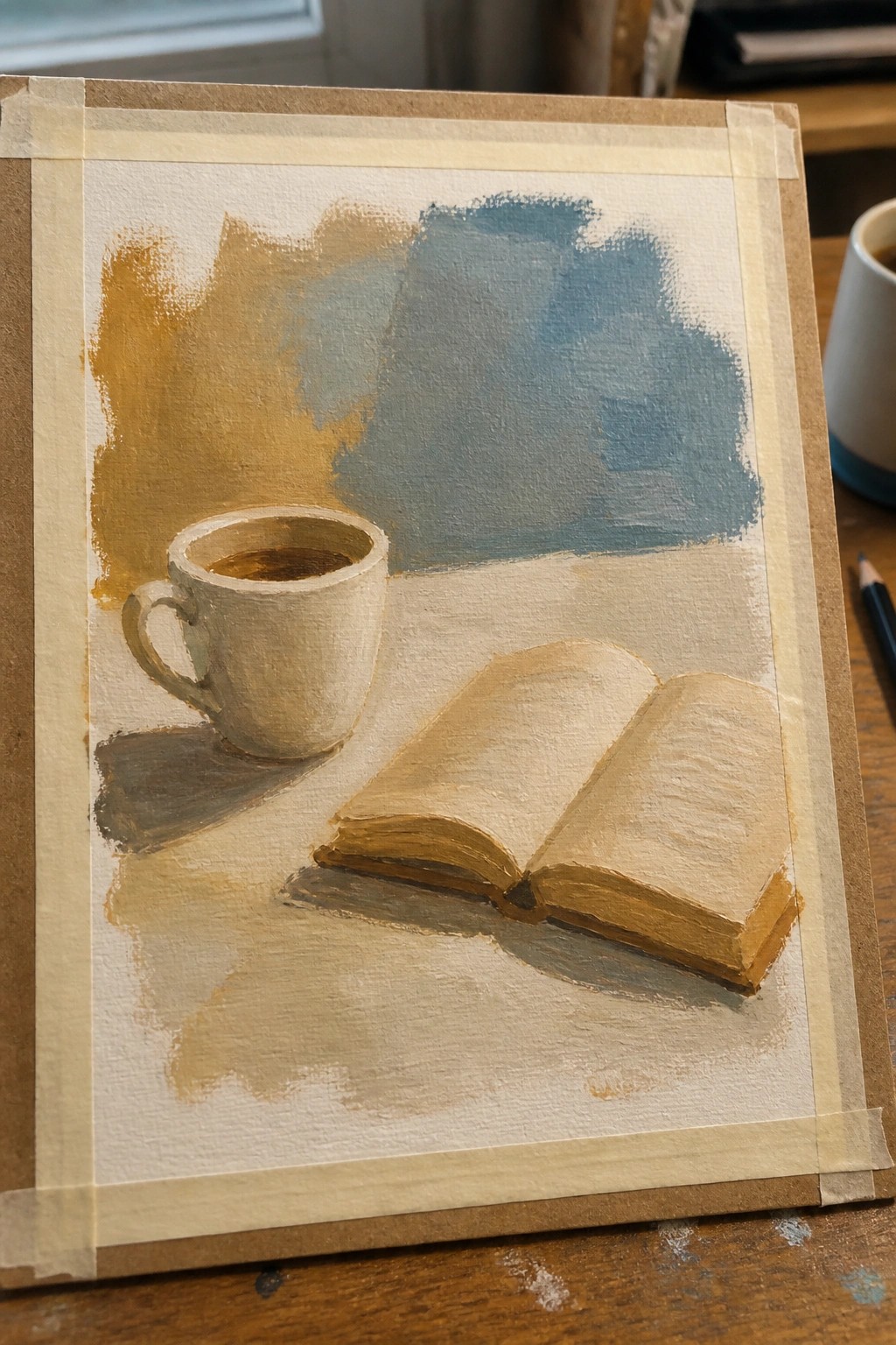 White mug and open book on table with blue and ochre abstract brushstrokes
