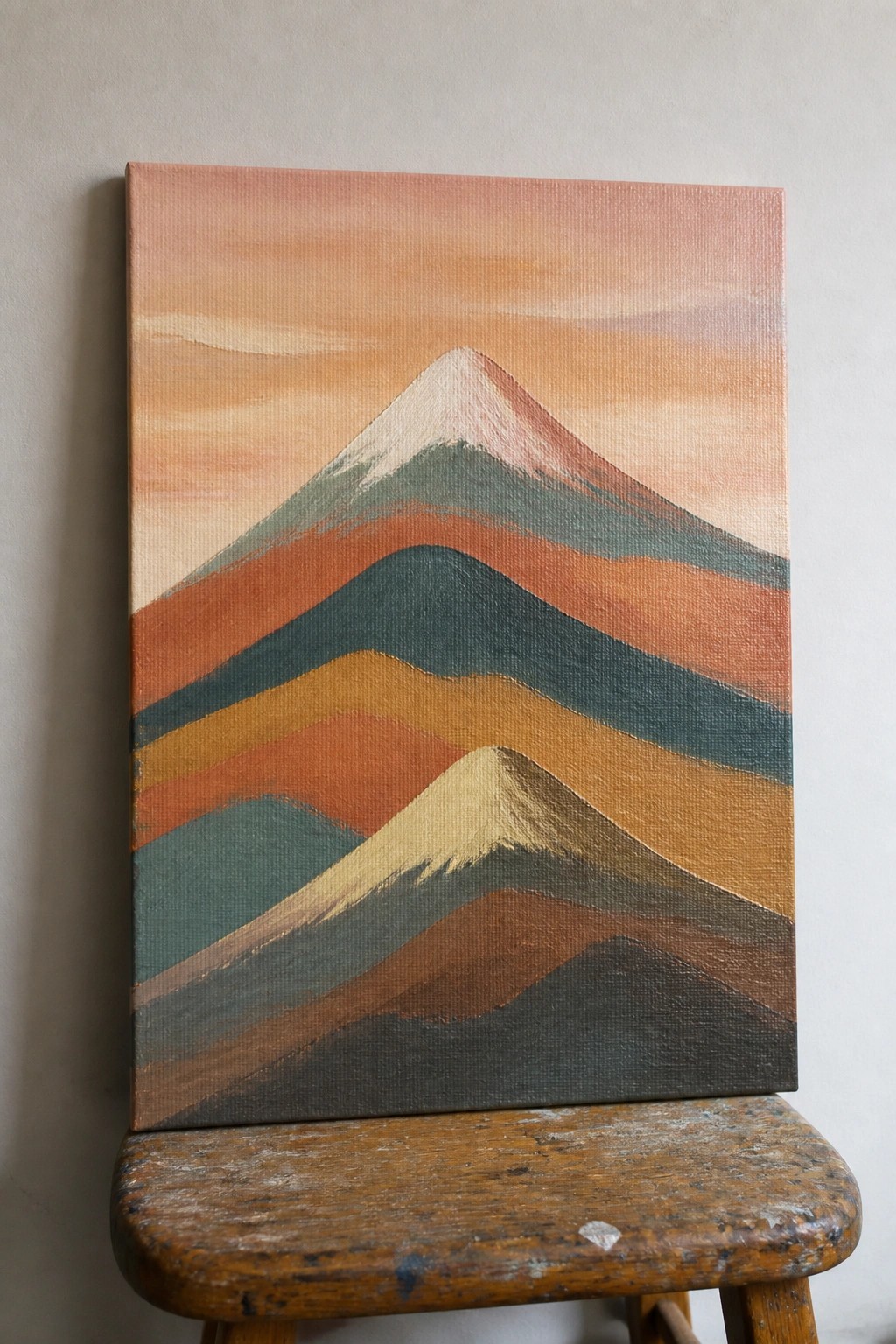 Layered abstract mountain painting in warm tones on wooden stool.