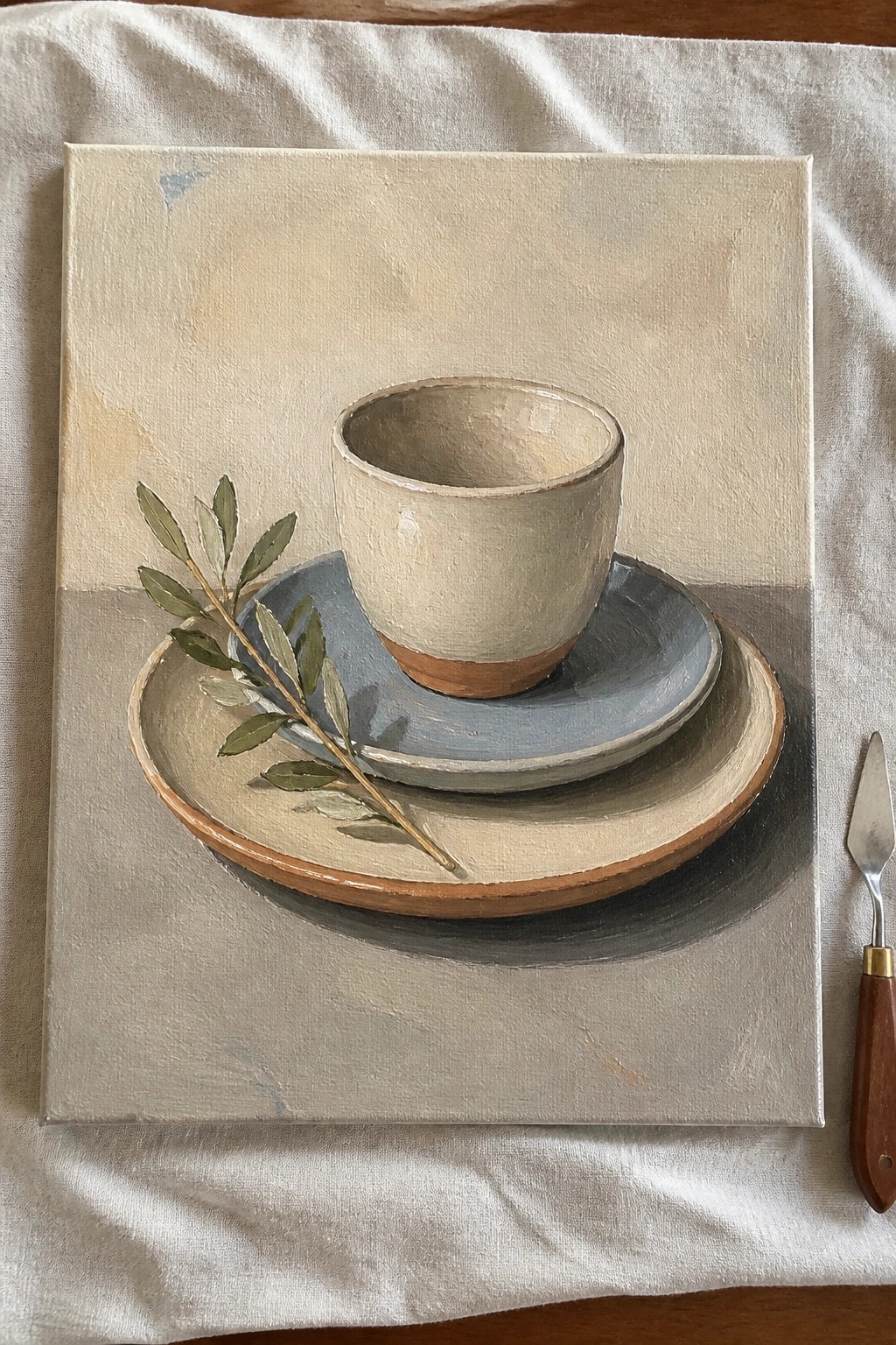 Realistic still life painting of cup on plates with leaves beside palette knife.