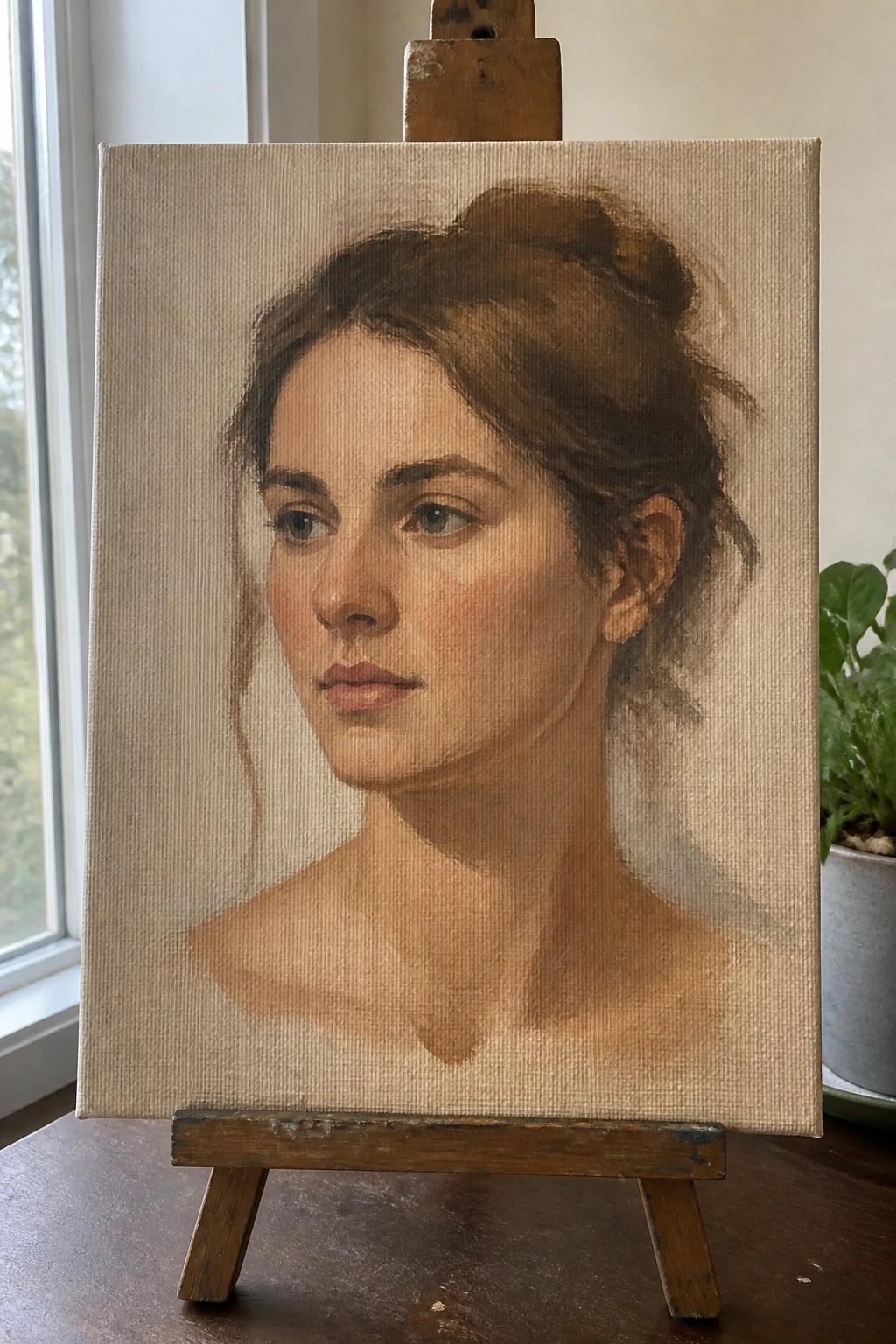 Realistic portrait painting of a woman with brown hair on wooden easel by window