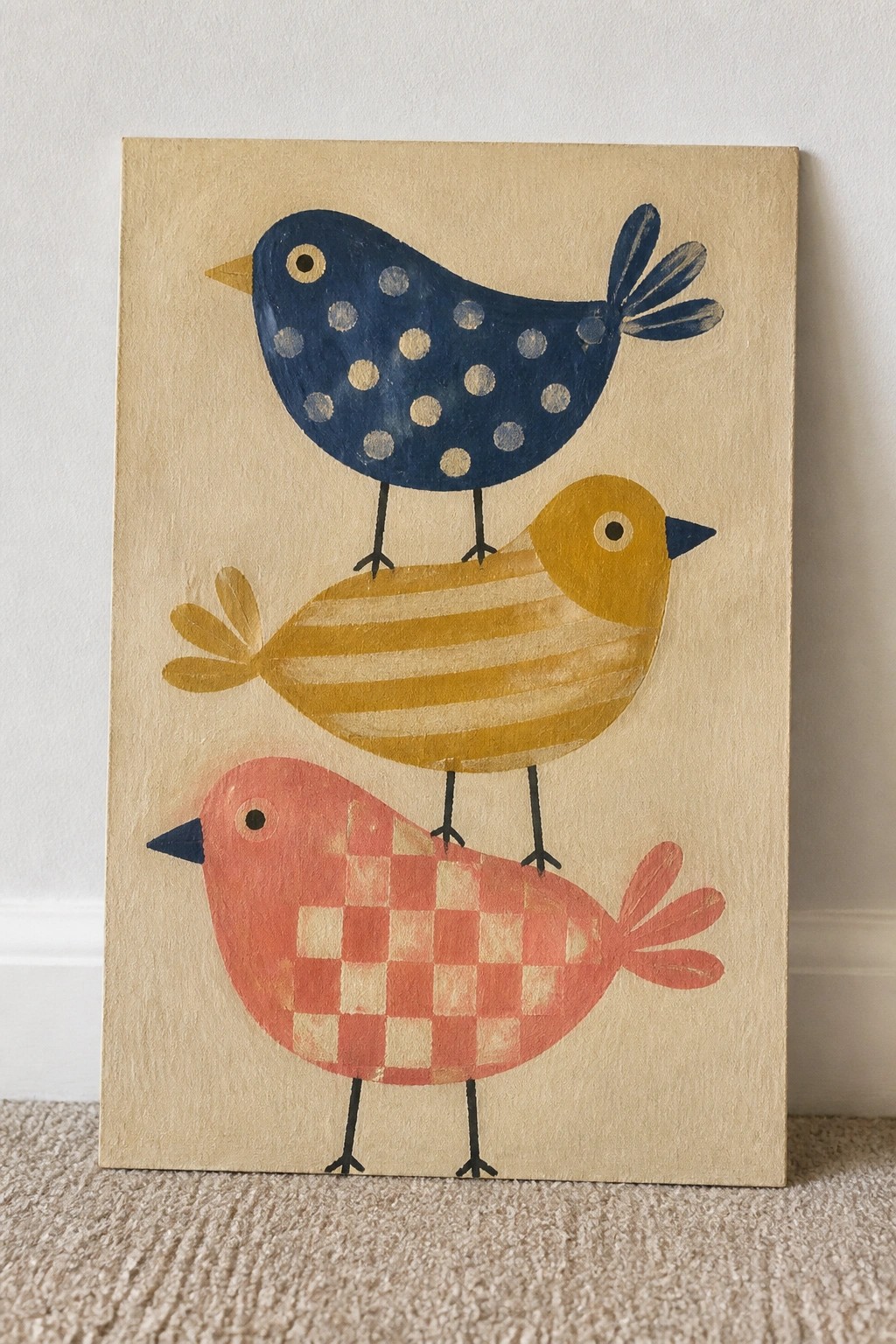 Three stacked birds with blue polka dots, yellow stripes, and red checks.