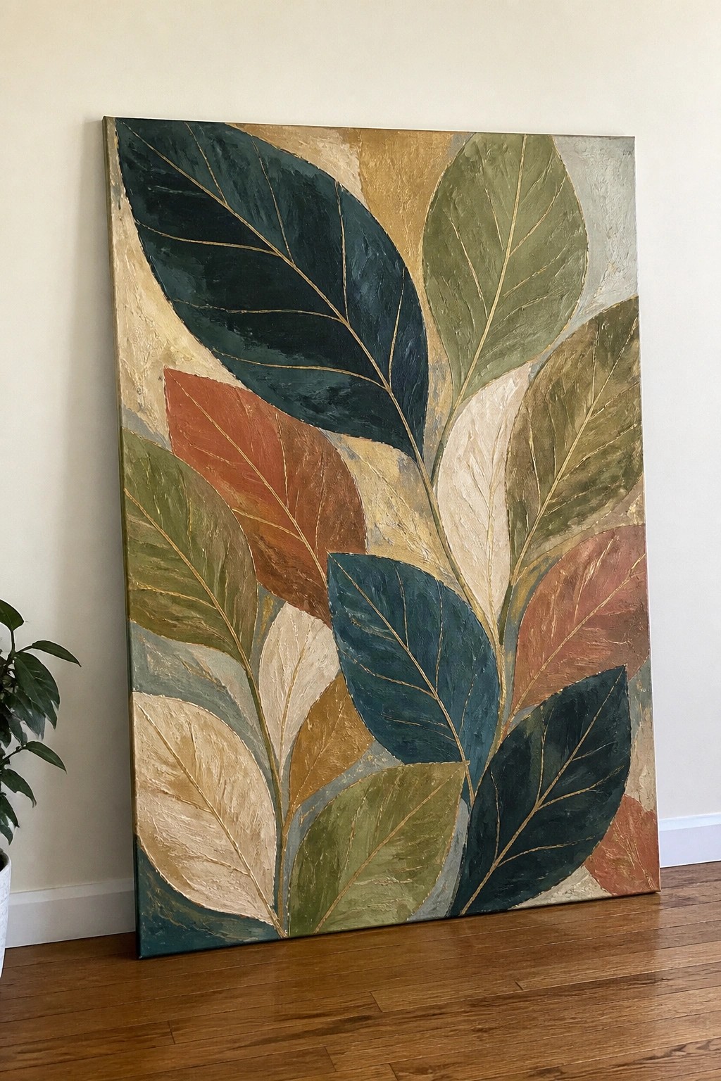 Abstract painting of overlapping leaves in teal, green, rust, beige with gold veins on canvas
