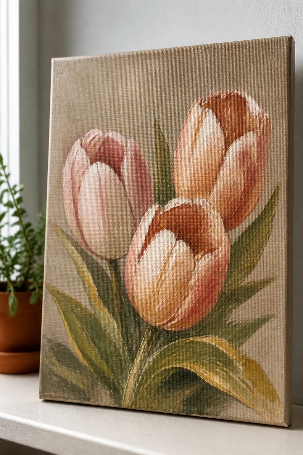 An oil painting of three pink and peach tulips with green leaves on a beige canvas.