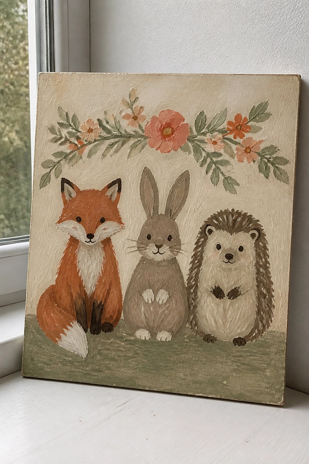 Painting of orange fox, brown rabbit, and hedgehog under pink floral garland on canvas