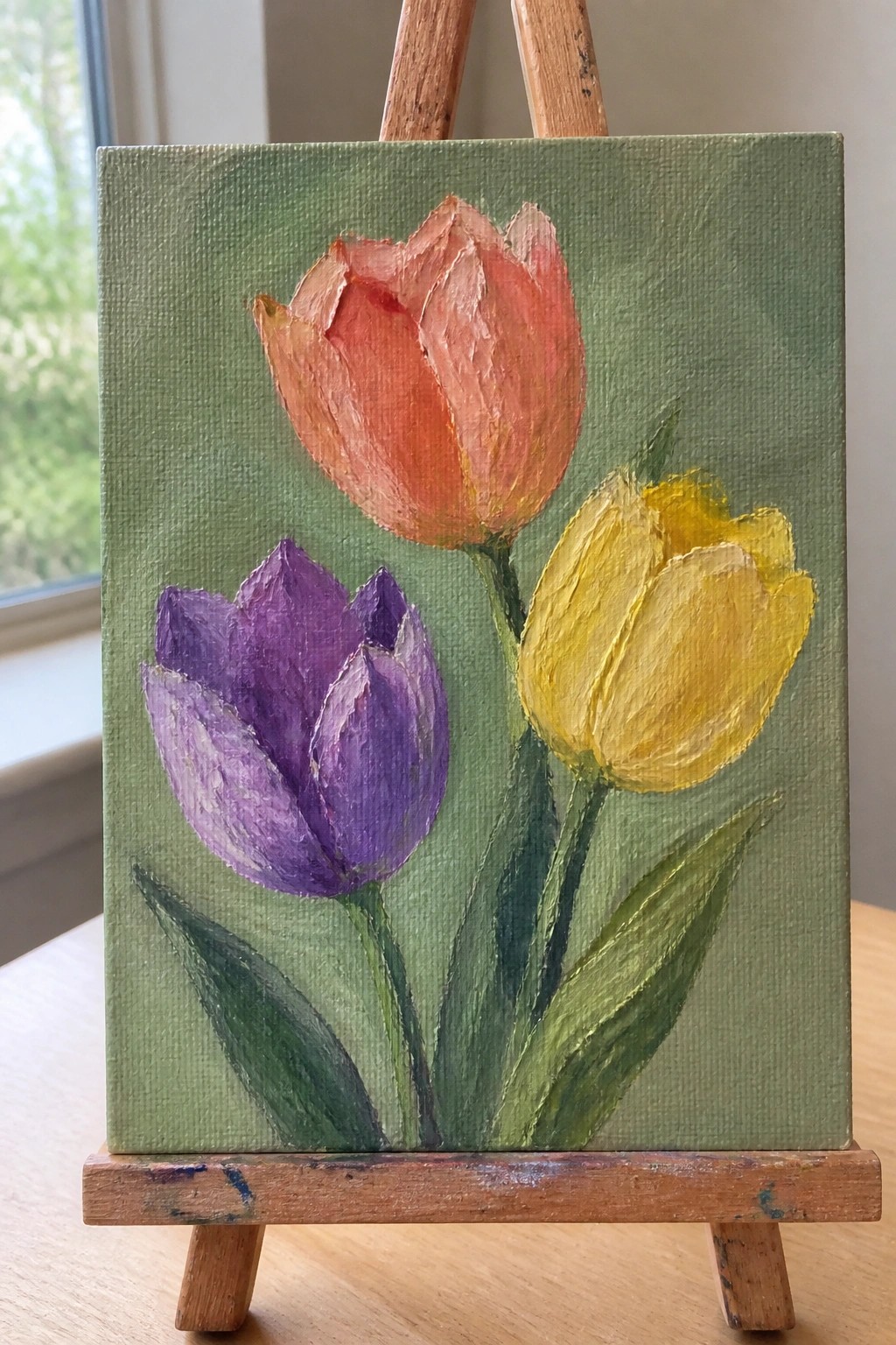 Three tulips in red, purple, and yellow painted on green canvas easel