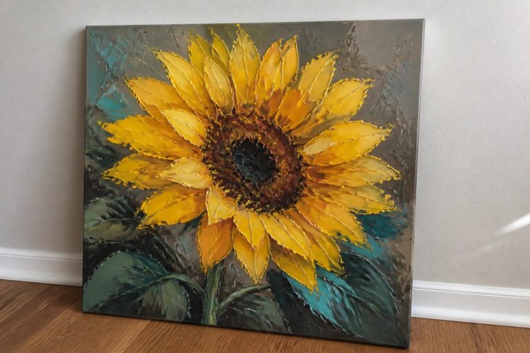 24 Bold Impasto Oil Painting Ideas Using Thick Texture and Expressive Color Thickly textured painting of vibrant yellow sunflower with dark center and green leaves
