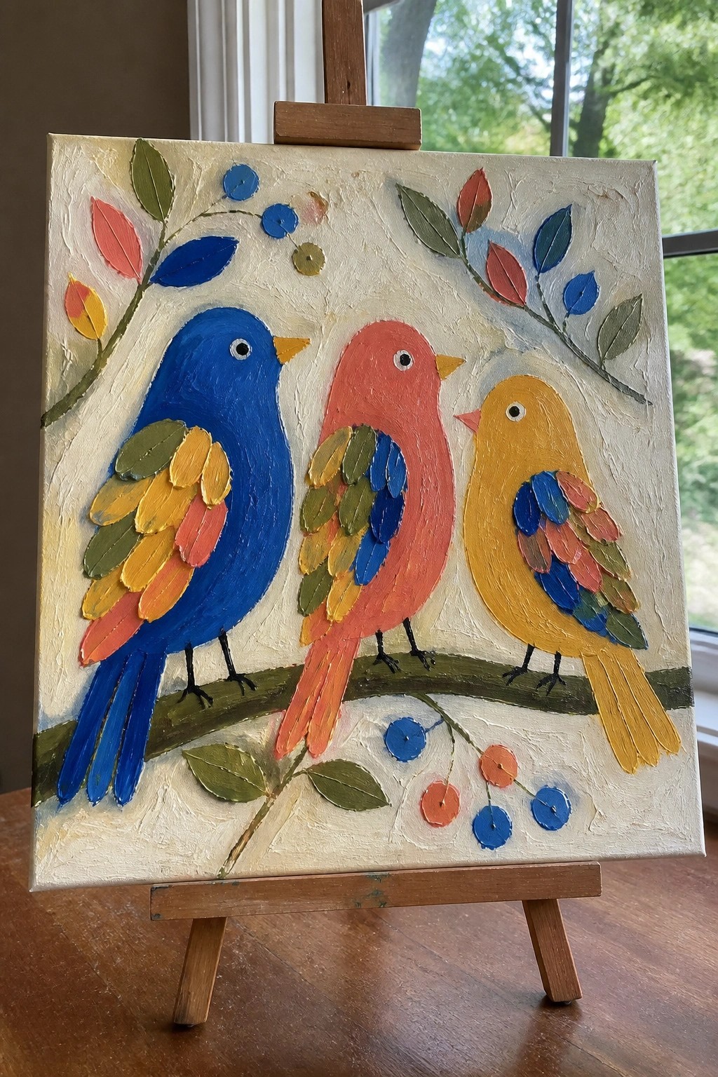 Thickly textured painting of blue, red, and yellow birds on a leafy branch.