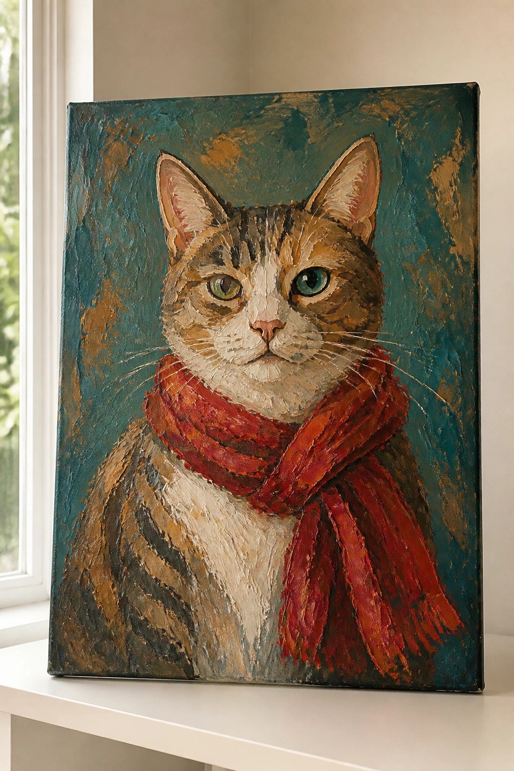 Thickly textured oil painting of tabby cat in red scarf on teal background.
