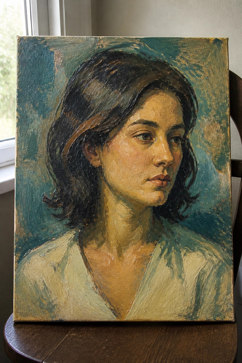 Oil portrait of a woman with dark hair in a light blouse against teal background