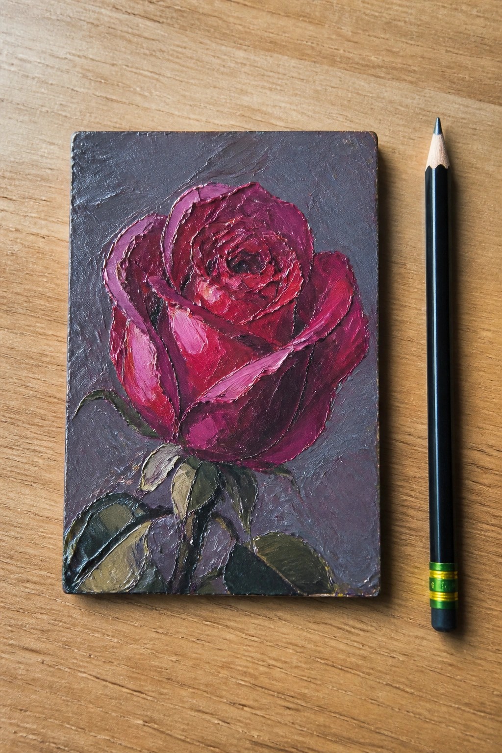 Impasto painting of dark red rose on small panel beside black pencil on wood