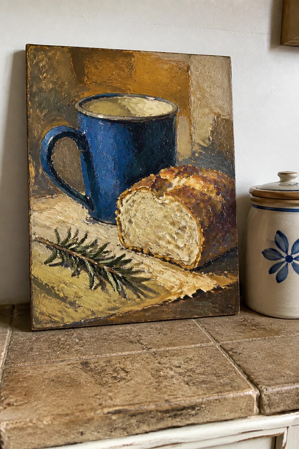 Oil painting of blue mug beside sliced bread and pine branch on wood