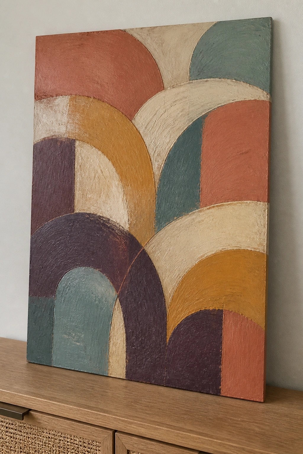 Abstract painting with colorful arched shapes in terracotta, teal, mustard, and purple.