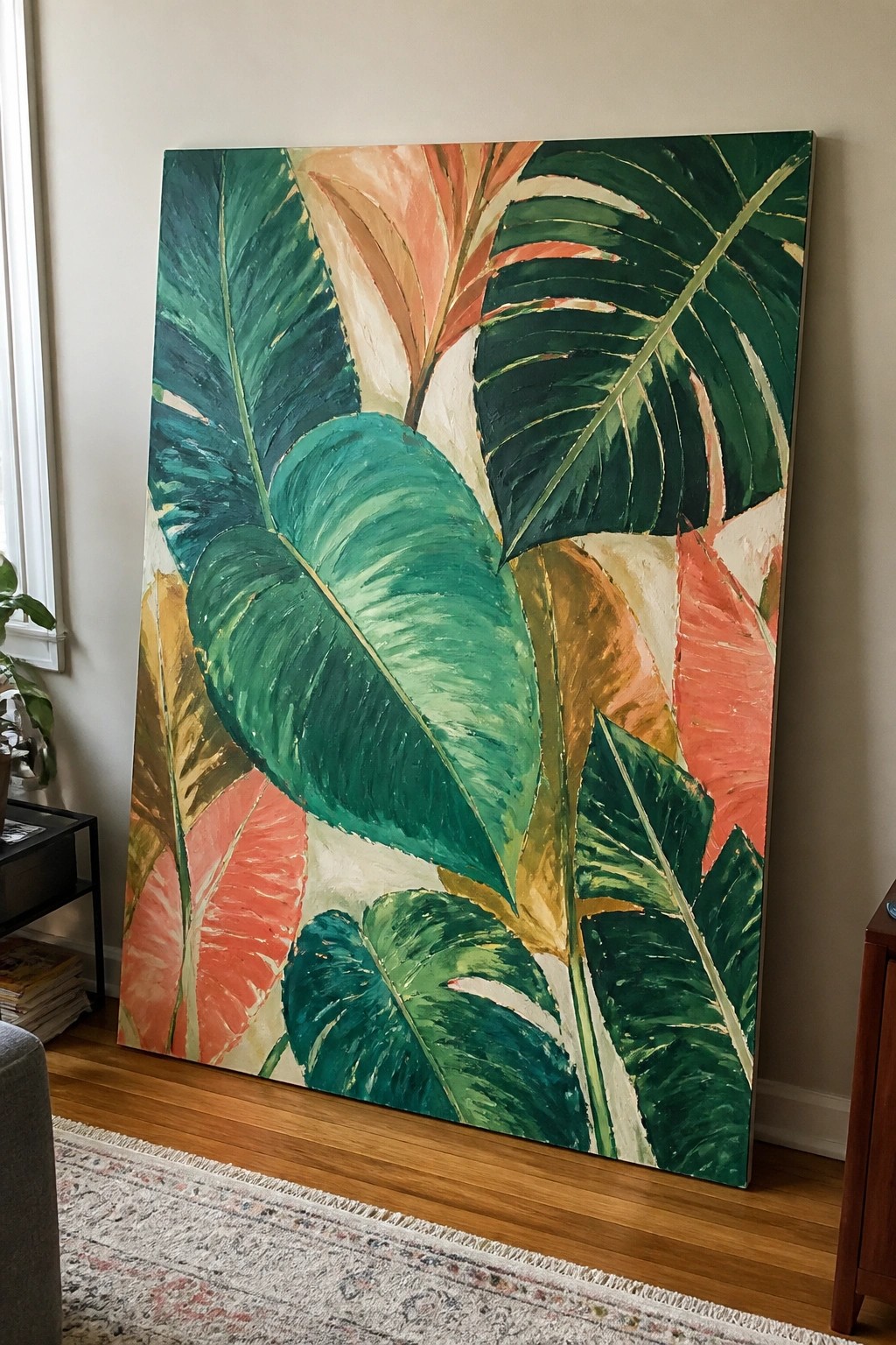 Large vibrant painting of green, coral, and orange tropical leaves on canvas