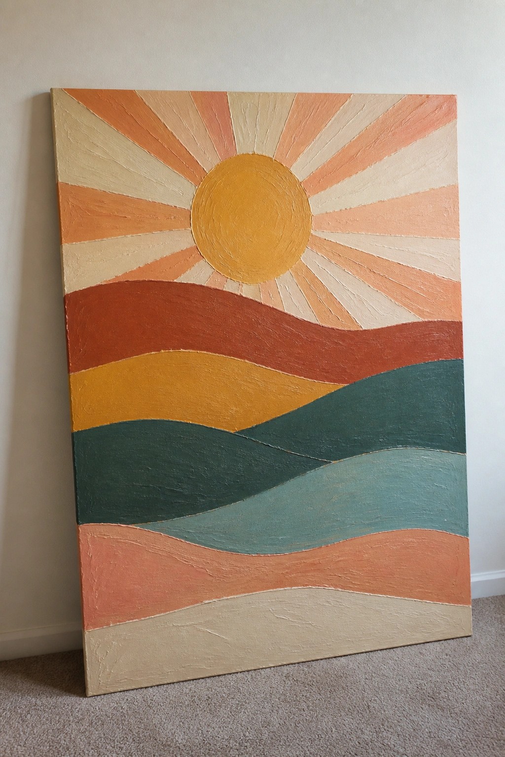 Vibrant abstract painting with yellow sun, radiating rays, and wavy colorful stripes against wall.