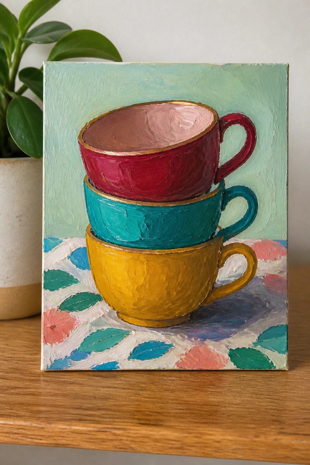 Three stacked colorful mugs in yellow, teal, and red on patterned cloth