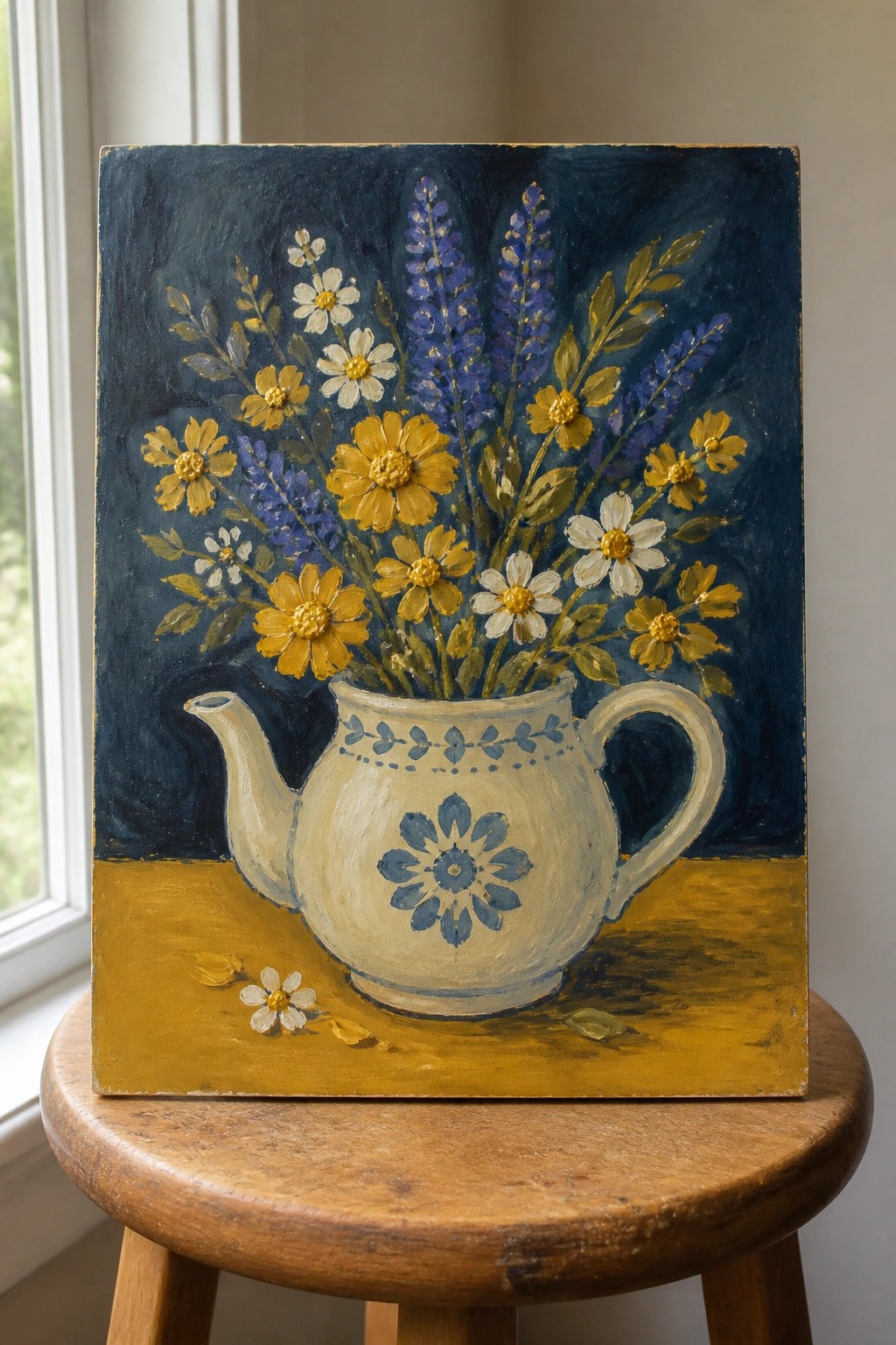 Vibrant painting of wildflowers in a white teapot on wooden stool.