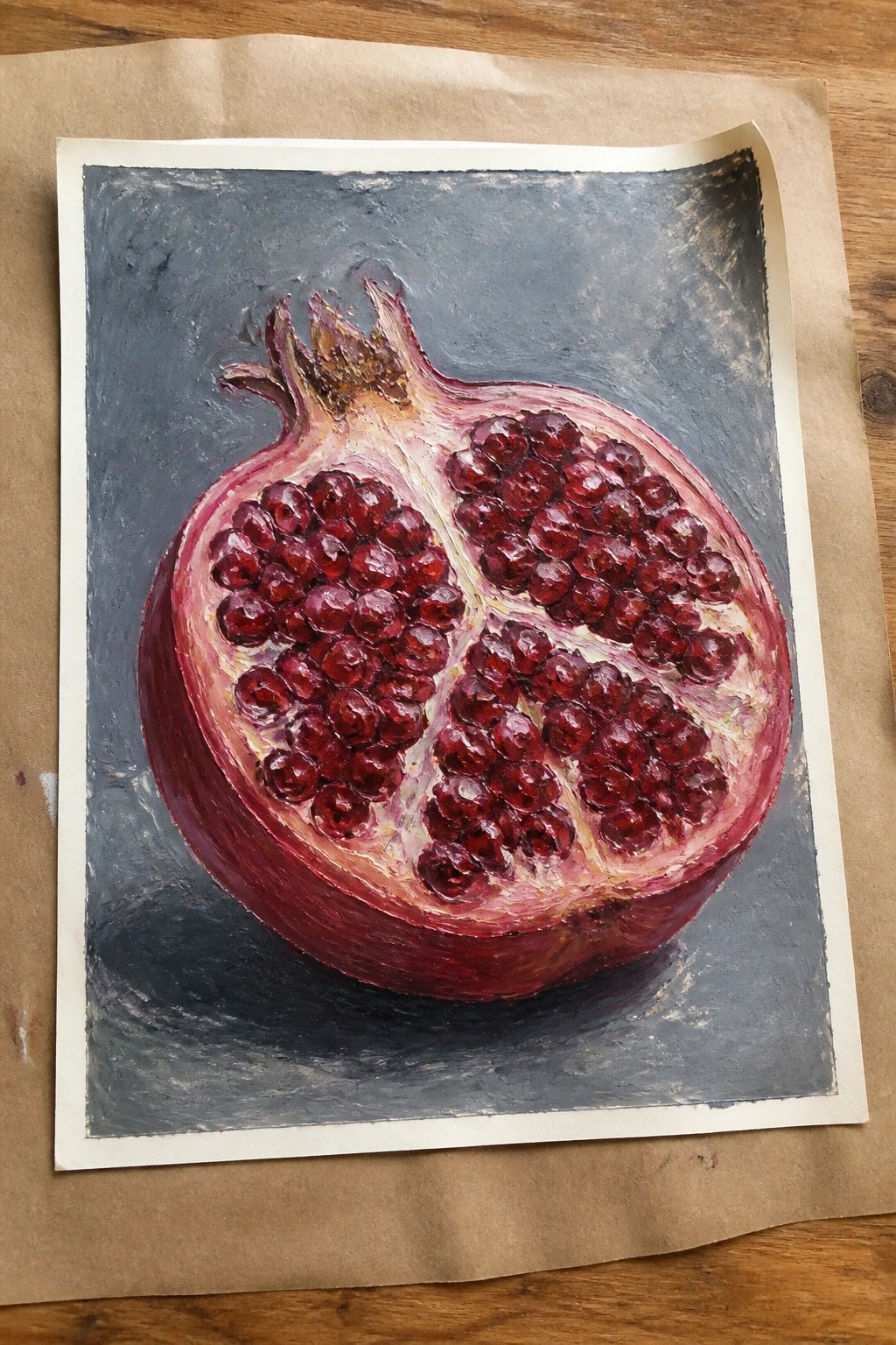 Thickly textured oil painting of halved pomegranate with glossy red seeds on dark background.