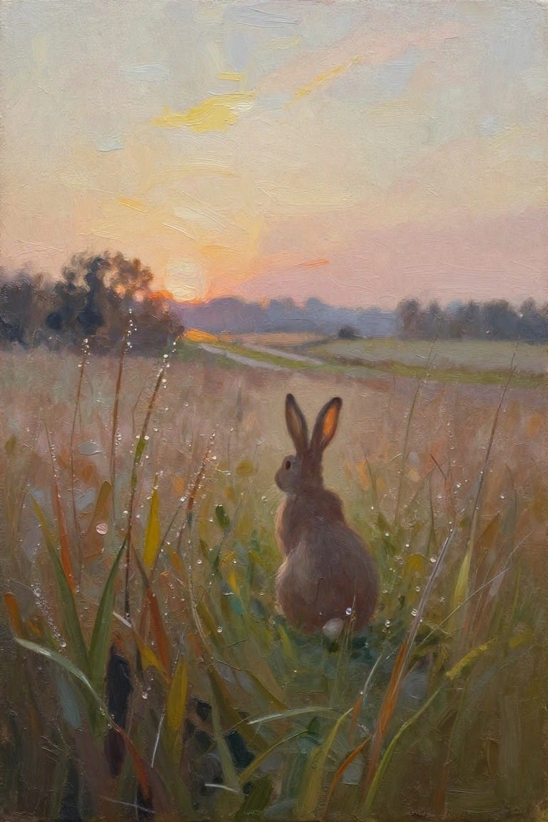 An oil painting of a brown rabbit sitting in tall grass dotted with dew drops, facing a pink and orange sunset over fields and hills.