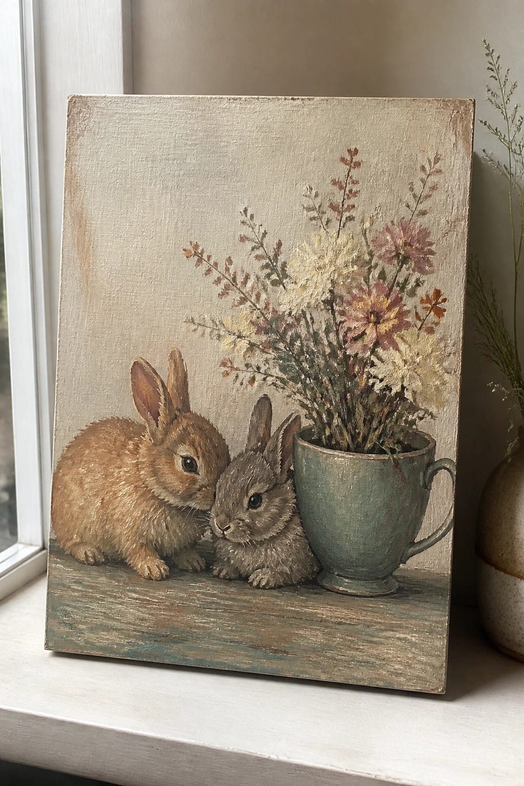 Two rabbits nuzzling beside a green mug of wildflowers on rustic wood