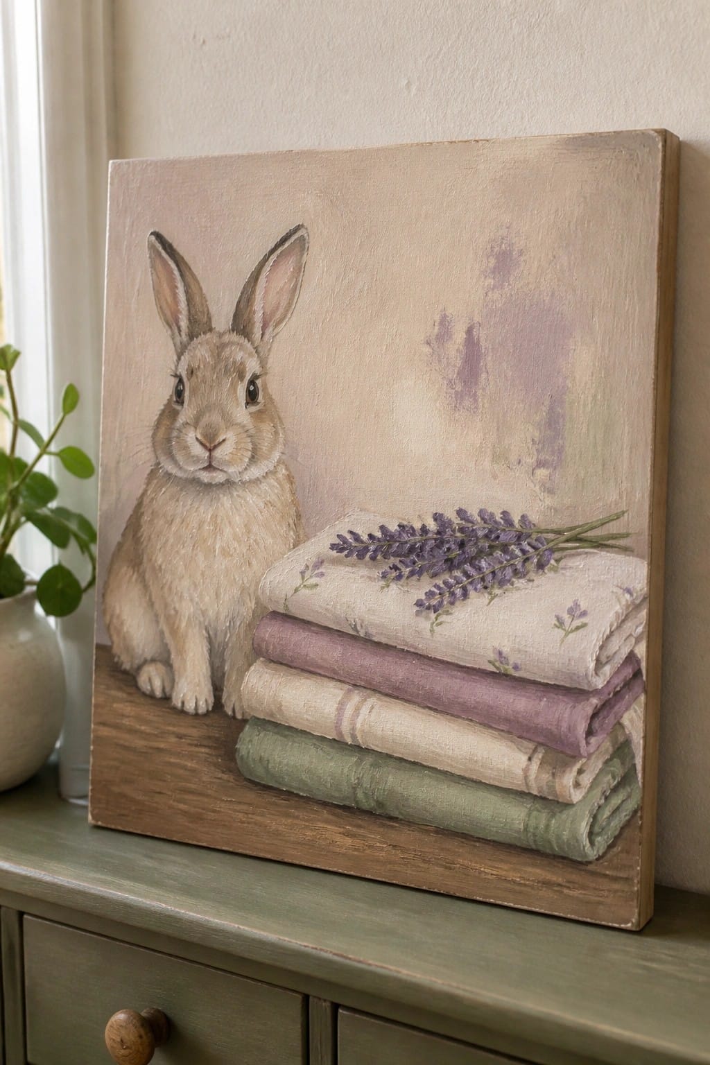 Painting of light brown rabbit beside stacked pastel towels topped with lavender sprigs