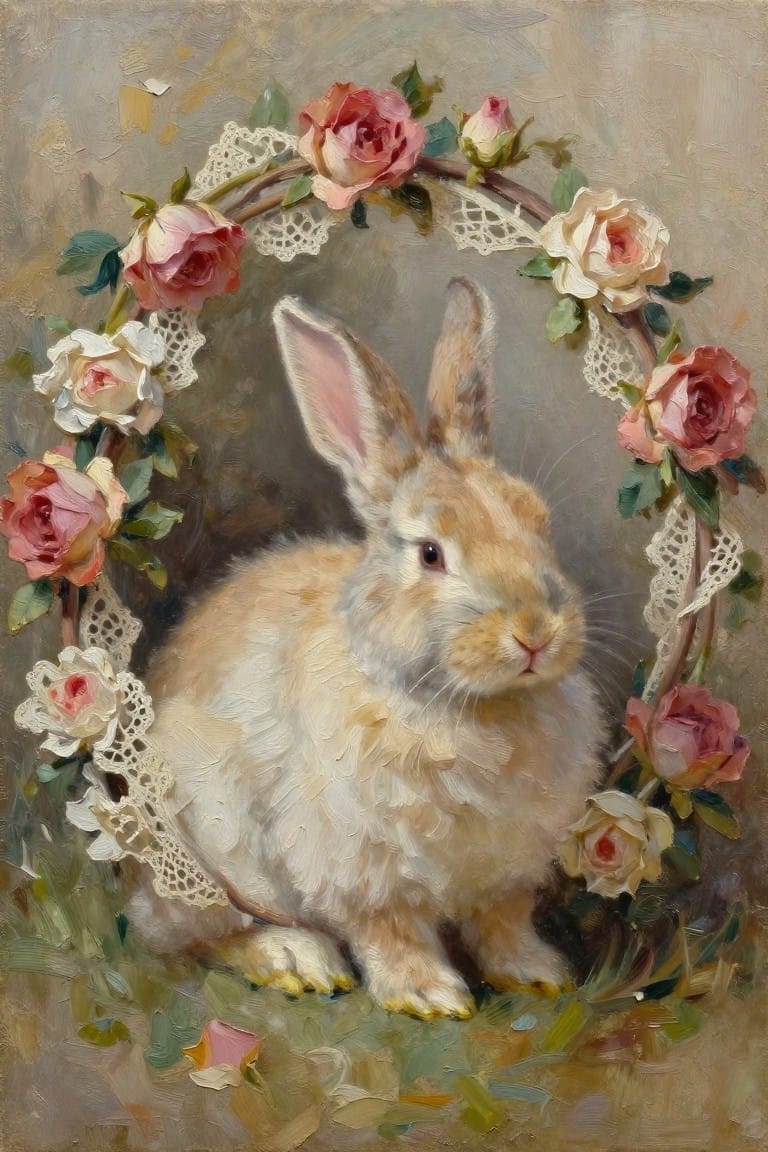 Fluffy light brown rabbit encircled by pink roses and white lace wreath.