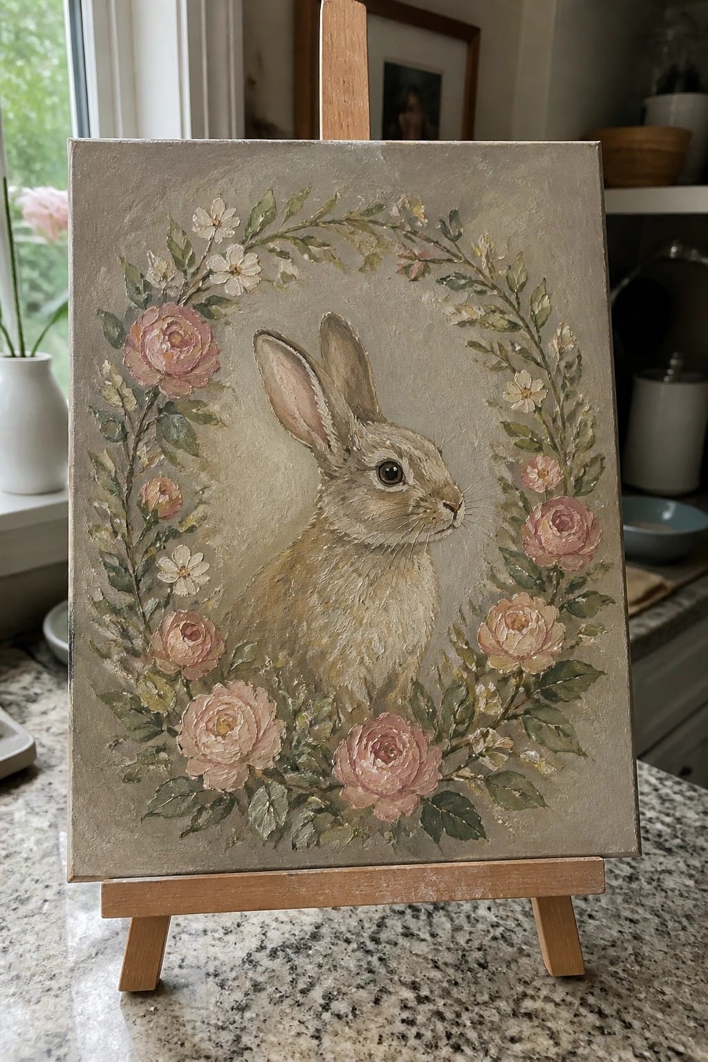 Realistic painting of a rabbit encircled by pink roses and foliage on an easel.