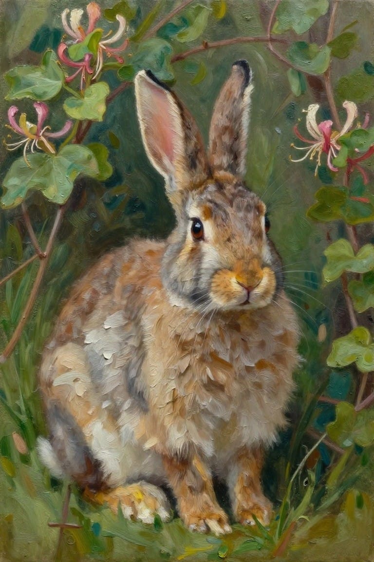 Brown rabbit with upright ears amid green leaves and pink flowers in foliage
