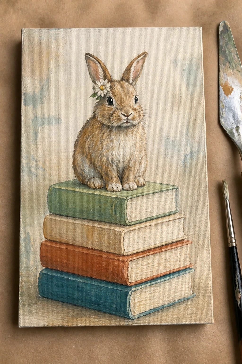 Soft watercolor painting of brown bunny with daisy atop stack of colorful books