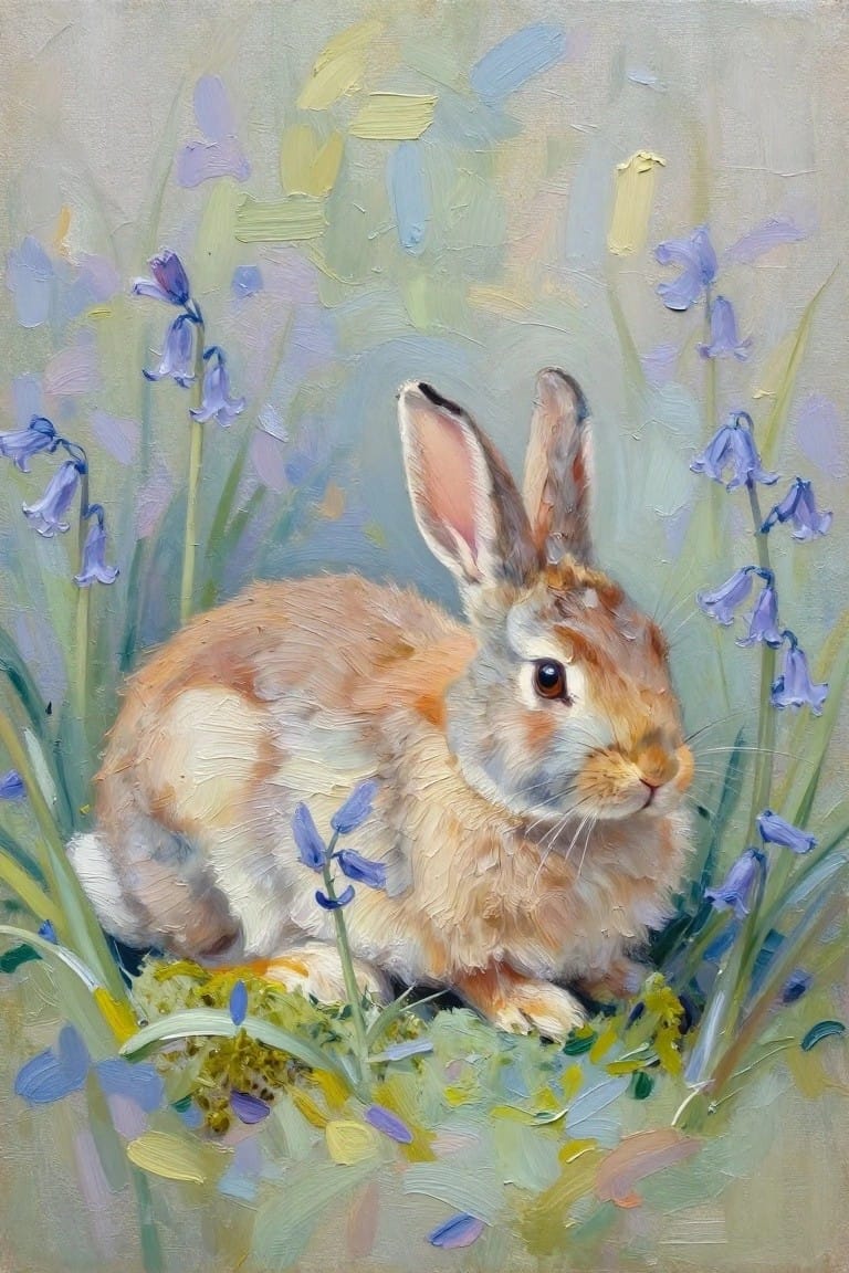 Brown rabbit resting among bluebells in impressionistic oil painting style