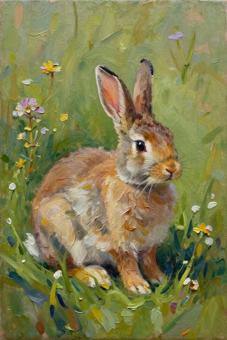 Brown rabbit sits in grass amid yellow and purple wildflowers, thick oil painting.