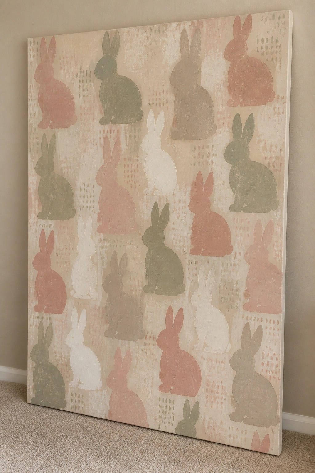Large canvas with rows of colorful rabbit silhouettes on textured beige background