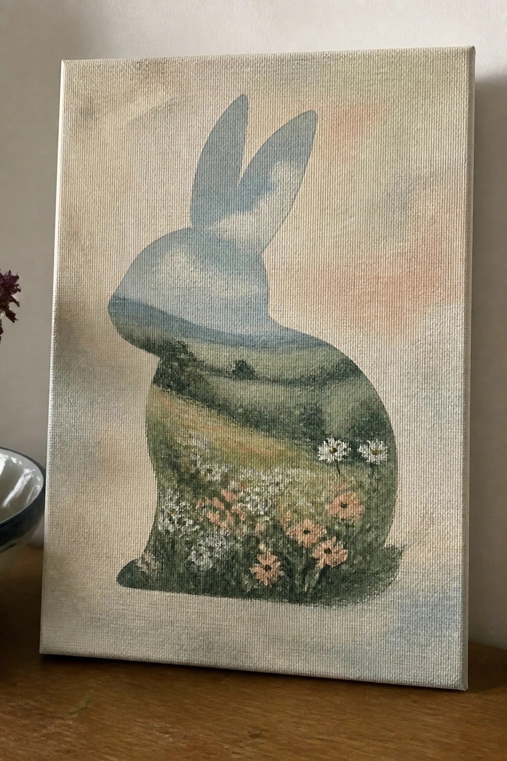 Watercolor canvas painting of rabbit silhouette filled with hills, fields, and wildflowers.