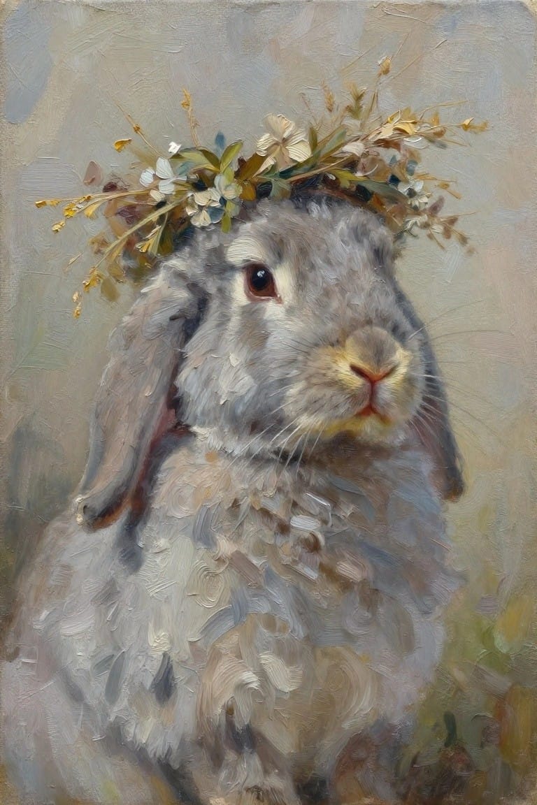 An oil painting of a gray rabbit wearing a crown of white and yellow wildflowers with green leaves.