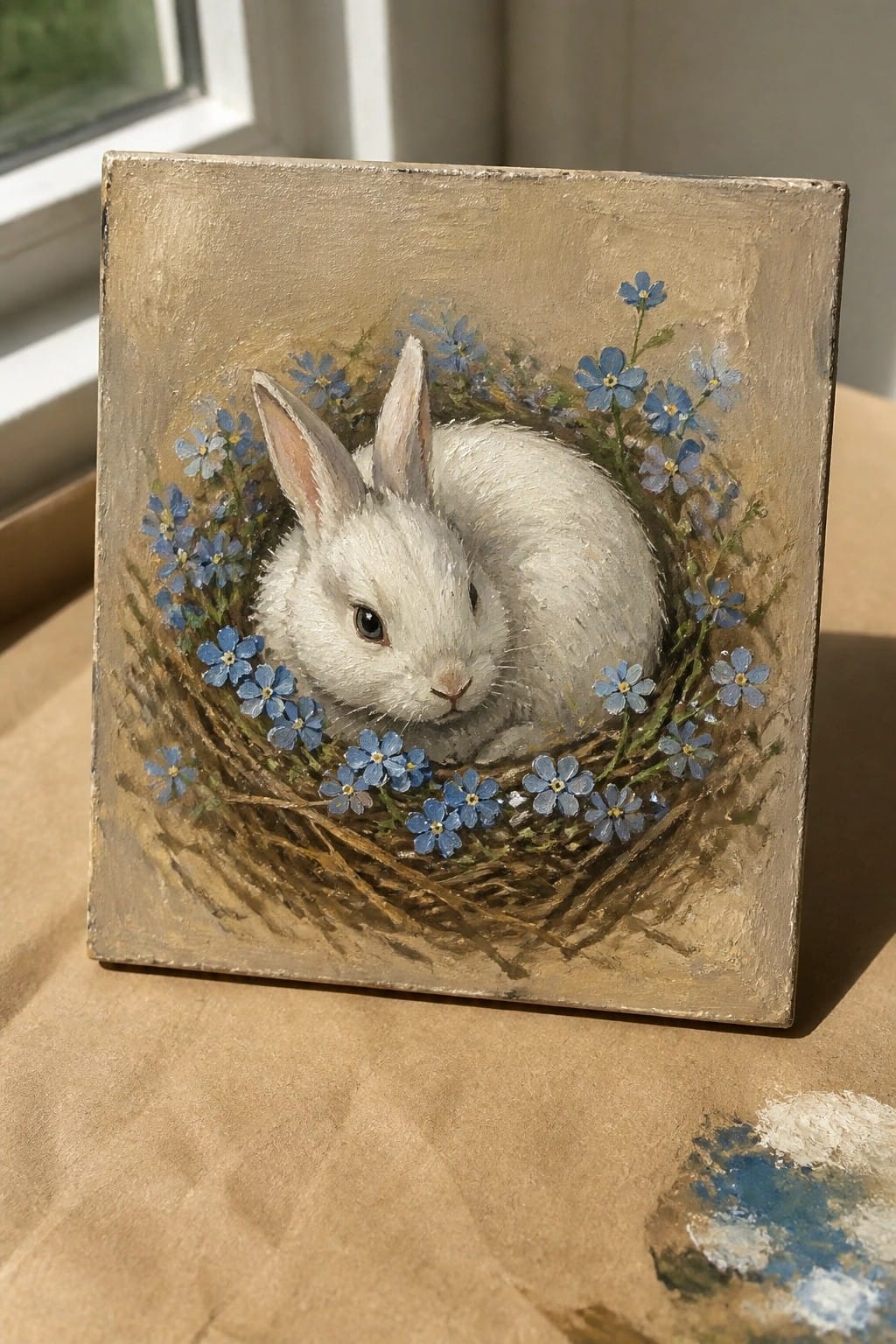 A square oil painting of a white rabbit curled inside a nest of twigs and surrounded by small blue flowers on a textured beige background.