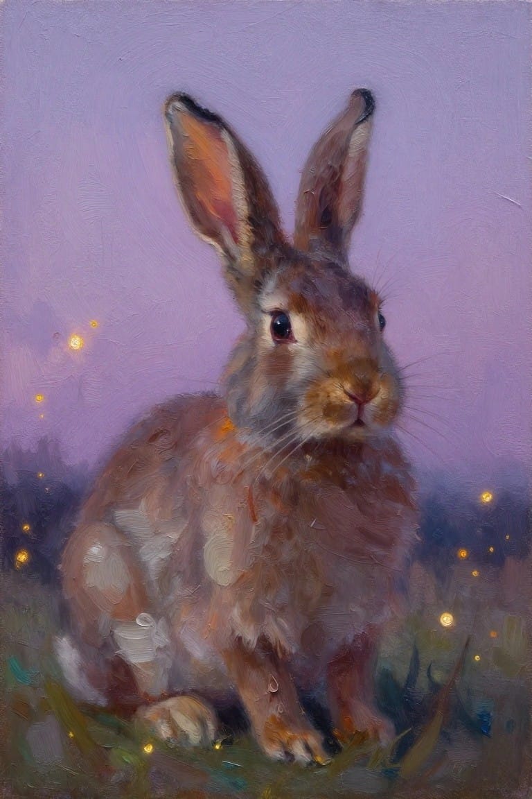Brown rabbit with large ears in grass under purple sky with glowing fireflies