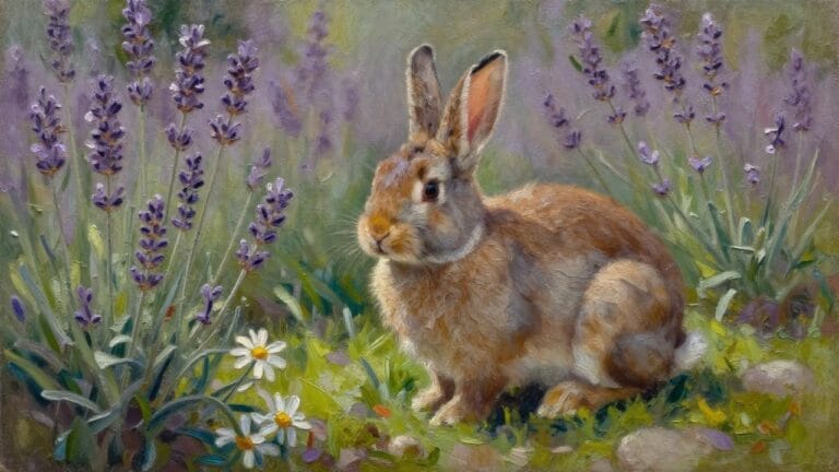 24 Charming Bunny Oil Painting Ideas in Soft Cottagecore Style Brown rabbit amid purple lavender and daisies in a grassy meadow, oil painting.