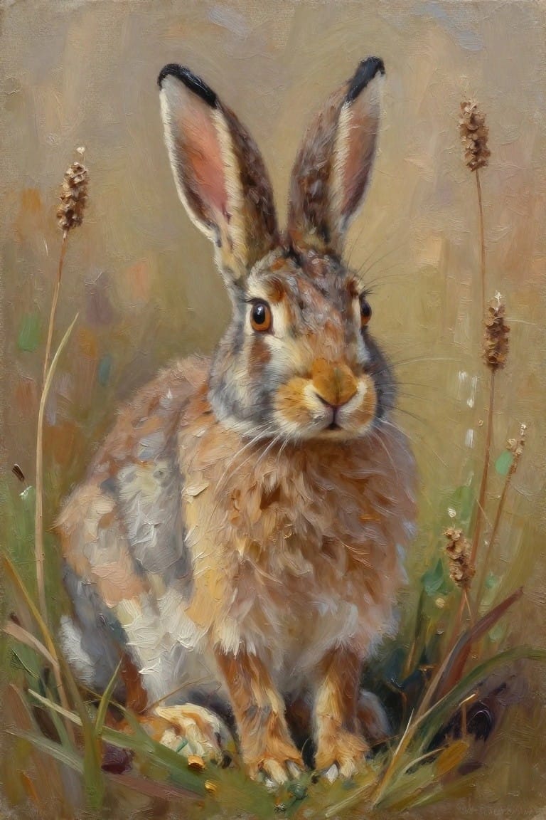 Brown hare with upright ears sitting amid grasses in warm oil painting style