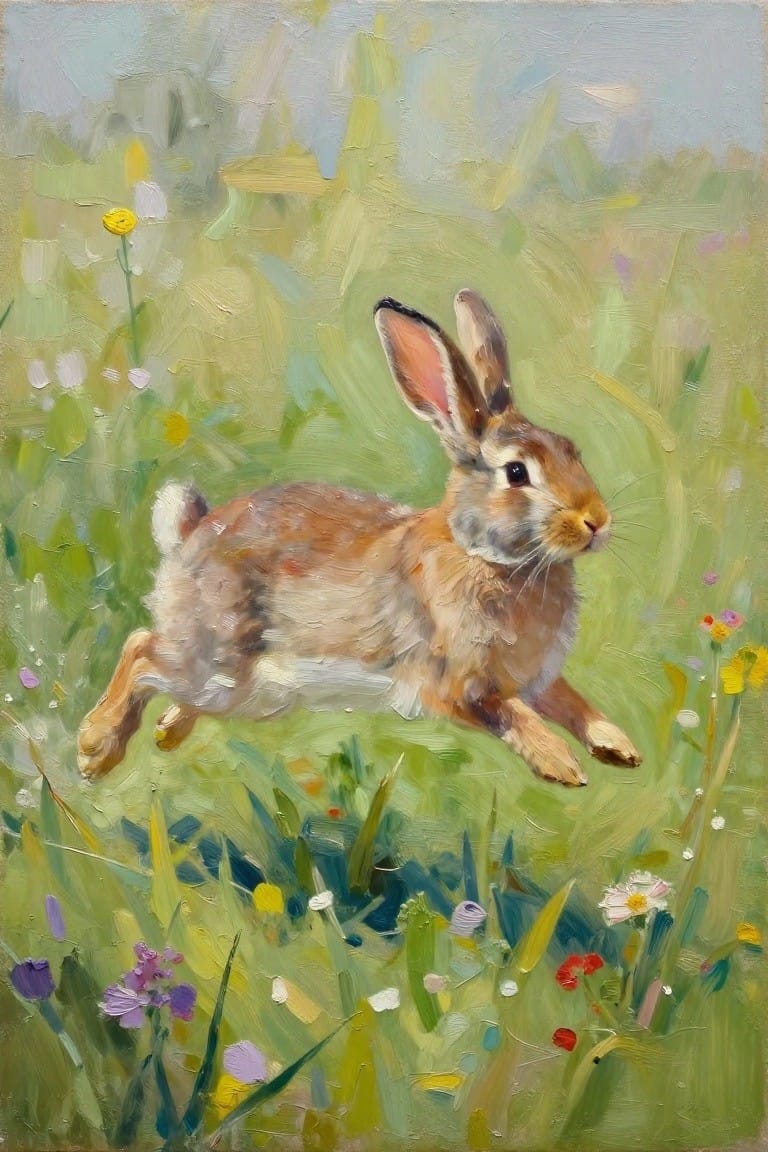 Brown rabbit leaping through green meadow with colorful wildflowers, textured oil painting style